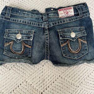 True Religion Blue Denim Shorts with Silver Accents